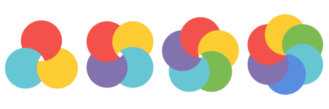 Vector venn diagram collection with three four five and six circle layouts in one graphic for marketing infographic flow and geometric data overlap presentations.