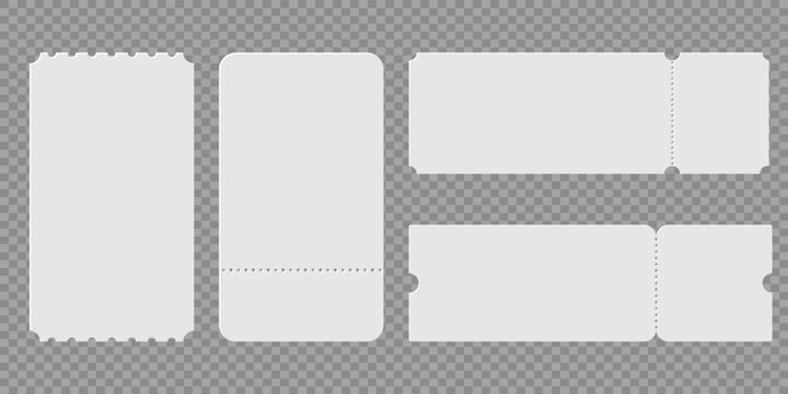 Empty ticket templates collection with perforated borders for concert, cinema or festival passes and lottery cards, ready to use vector shapes