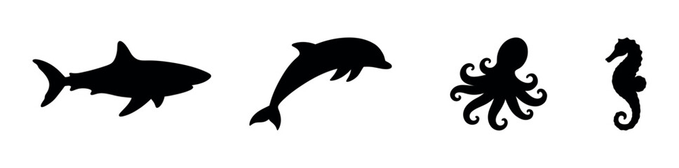 Essential collection of aquatic animal silhouettes including shark dolphin octopus and seahorse perfect for educational resources wildlife conservation awareness campaigns and underwater © Pixel Perfect PNG