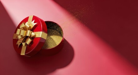 Round red gift box with gold bow spilling gold dust