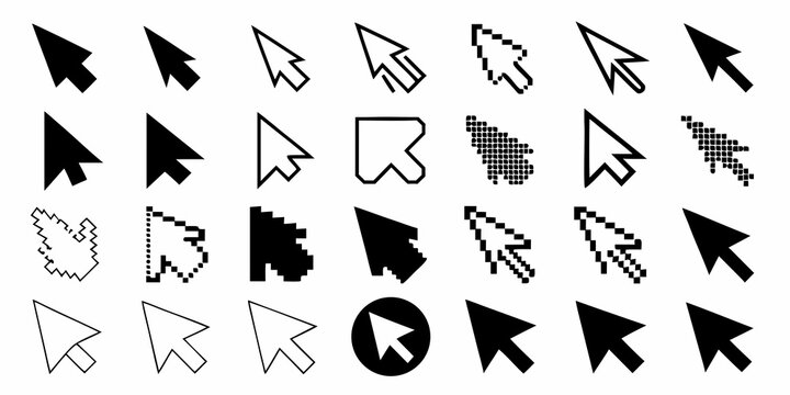 Collection of various computer cursors and arrow icons in black and white