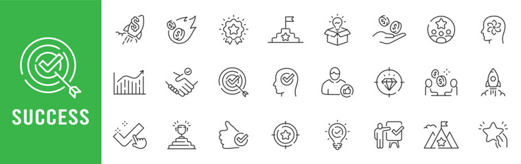 Success outline icon set featuring target, trophy, checkmark, rocket launch, growth chart, teamwork handshake, rewards, editable stroke line business achievement. © tutti_frutti