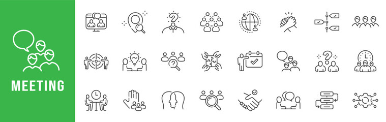 Naklejka na ściany i meble Meeting outline icons for teamwork collaboration, webinar videocall, agenda planning, networking, handshake, chat communication, editable stroke line set vector modern
