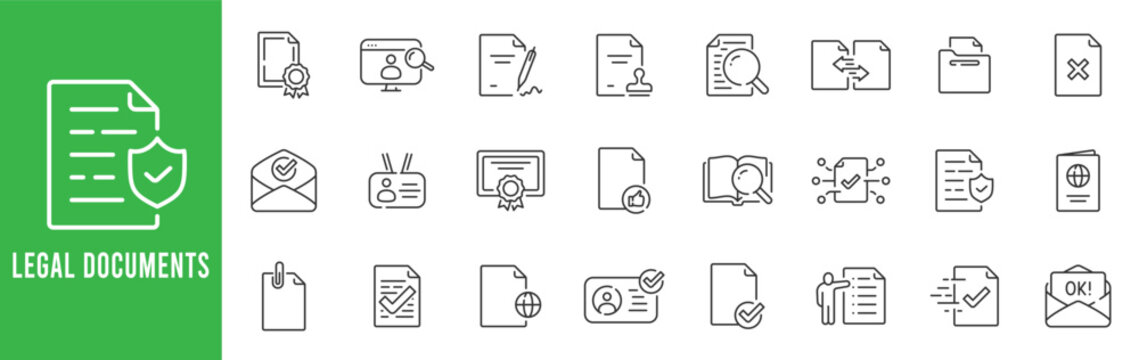 Legal documents outline icon set with contract, signature, compliance, verified shield, secure files, certificates, approvals, editable stroke line vector.