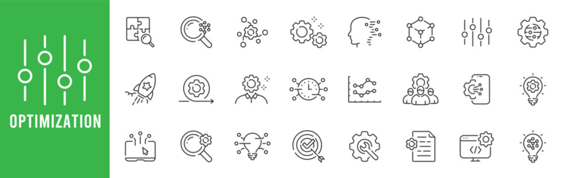 Optimization outline icon set showing tuning sliders, analytics, target, speed, automation, process improvement, performance metrics, editable stroke line icons vector.