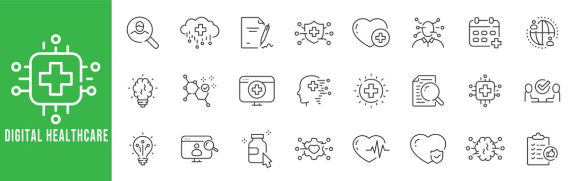 Digital healthcare outline icon set for telemedicine, patient monitoring, medical analytics, secure records, appointments, prescription, microchip technology, editable stroke vector.