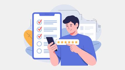 Man holding smartphone giving five star rating with checklist on mobile screen flat vector illustration 