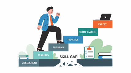 Businessman climbing steps from assessment and training to certification and expert level illustrating skill gap progression 