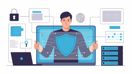 Man holding shield on computer screen surrounded by security icons representing cybersecurity protection system flat vector illustration