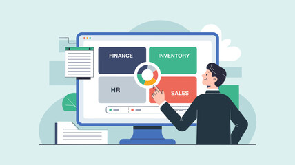 Businessman managing enterprise resource planning system on computer dashboard with finance, inventory, HR and sales modules flat vector illustration 