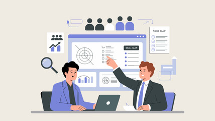 Business team reviewing skill gap analysis dashboard with charts and performance metrics in office setting flat vector illustration 