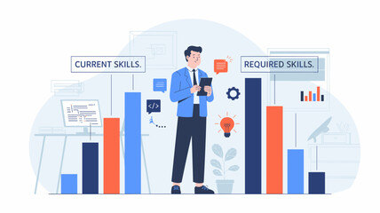 Business professional analyzing current skills and required skills comparison with bar charts in office environment flat vector illustration 