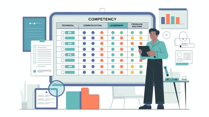 HR professional analyzing competency matrix with technical, communication, leadership and problem solving skills chart flat vector illustration 