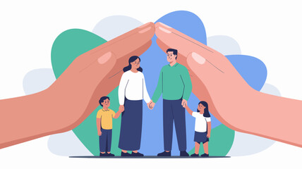 Parents and two children standing together under protective hands symbolizing family security and support, Concept of insurance, protection and parental care.