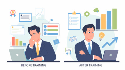 Businessman before and after training showing performance improvement with charts and growth indicators flat vector illustration 