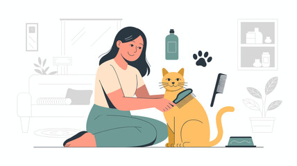 woman sitting on floor brushing her cat with grooming brush in modern living room flat vector illustration 