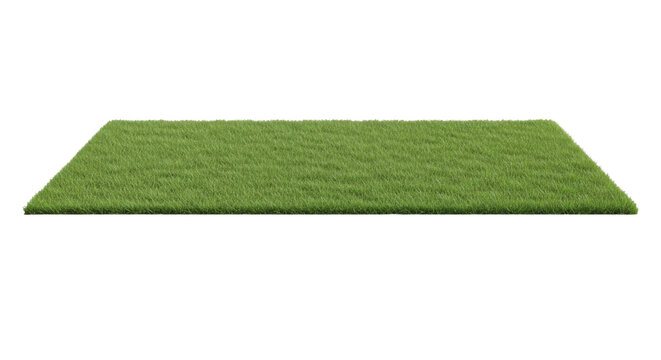 Rectangular patch of green artificial grass on a white background, viewed from a low angle