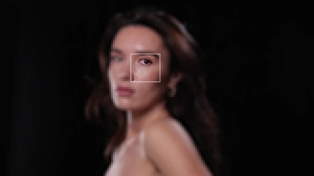 Promo ad. Female portrait partially blurred with sharp focus on face areas inside digital frame. Concept of biometric identity verification, facial mapping system and advanced beauty skin analysis.