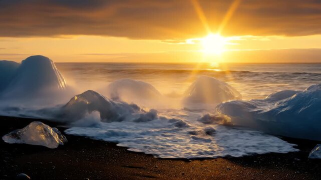 Icebergs shining during golden hour. Sunrise on Diamond Beach in Iceland. Pure ice crashed by Ocean waves. 