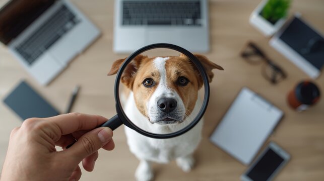 Dog under Magnifying Glass on Desk, Business Investigation. This image features a dog in the center, with a magnifying glass held over it. A hand holds the magnifying glass.