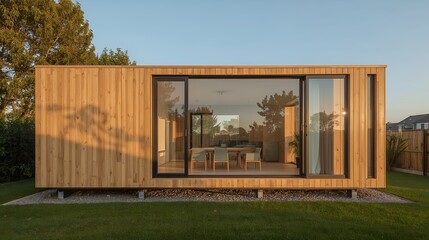 Obraz premium A modern wooden cabin with large windows set on a green lawn with a view into the inside. The cabin presents a stylish and contemporary design, blending with its natural surroundings. 
