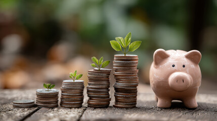 Business finance and saving money investment, Money coin stack growing graph with pink piggy bank against nature background