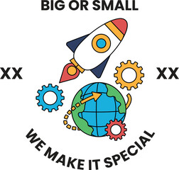 Fototapeta premium A rocket is flying through the sky with a globe and gears below it