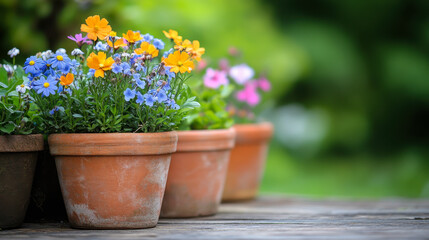 Potted flowers, plants and herbs in garden, balcony or roof
