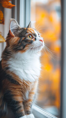 Pretty abyssinian kitten sitting on the windowsill and watching autumn rain through the window