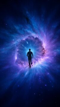 Man stepping cosmic portal of colorful nebula
