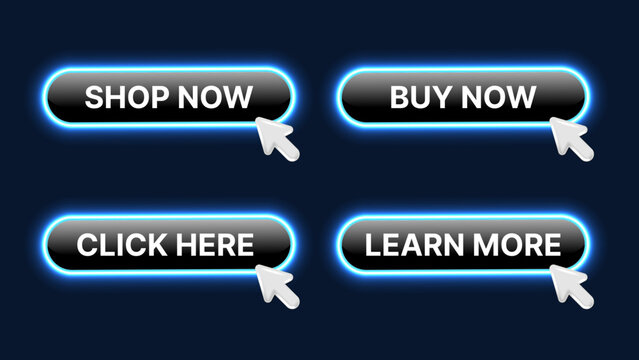 Glowing Neon Blue 3D Web Button Set with Cursor. Shop Now Buy Now Click Here Learn More UI UX Action Buttons