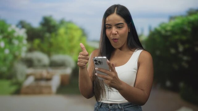 Young hispanic woman holding smartphone and giving thumbs up while looking at screen in studio with blurred garden backdrop; approval.