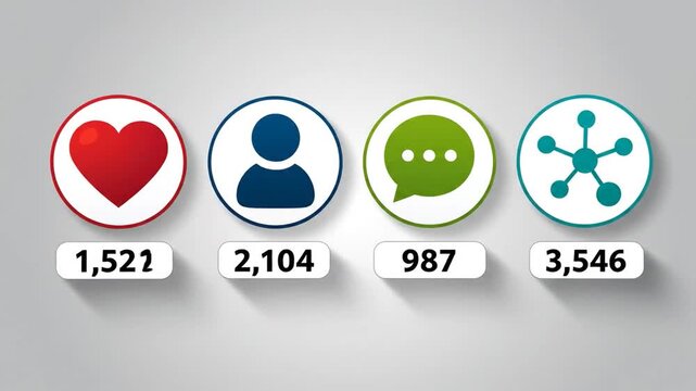 Social media engagement animation with likes followers comments and shares representing growing online presence and user interaction