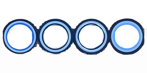Four illuminated blue rings against a solid black background
