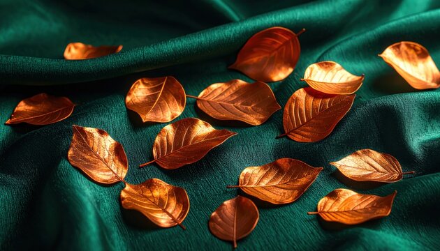 FlyPro Firefly Oxidized Copper Leaf Fragments Scattered on Deep Emerald Fabric Dramatic Lighting