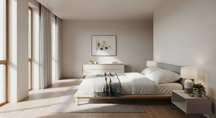 Fototapeta premium A serene bedroom scene with a bed, dresser, and nightstand, brightly lit by sunlight streaming through large windows.