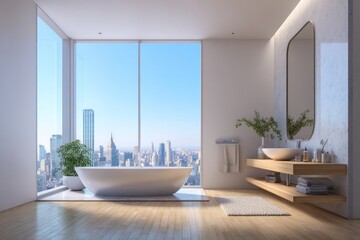 Fototapeta premium Luxurious modern bathroom features an oval soaking tub overlooking a vast metropolitan skyline