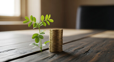 A small green plant growing from a wooden table next to a stack of gold coins, symbolizing financial growth and investment.