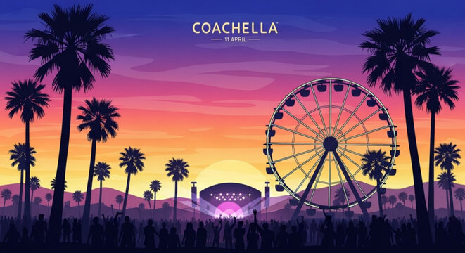 Coachella music festival scene with ferris wheel and palm trees at sunset