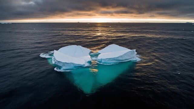 Breaking Melting Ice Heart Floating in Arctic Sea at Sunset &ndash; Sustainability Awareness Concept Video