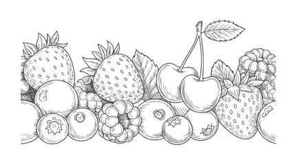 Black and white line of assorted fresh berries and cherries berry strawberry blueberry © Asha