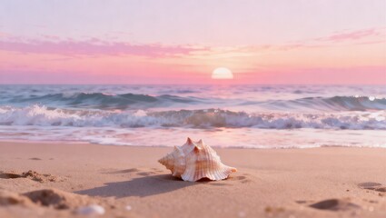 黄金比に置かれた貝殻とパステル夕景ビーチ