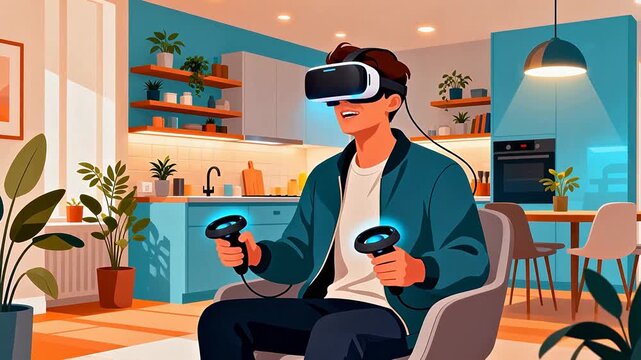 Man using VR headset in kitchen