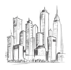 Fototapeta premium Hand drawn pencil of a dense urban city skyline with tall buildings