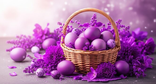 Easter sunday celebration with purple easter eggs in a woven basket