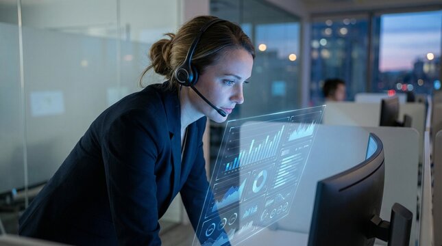Professional female operator wearing a headset monitors real time analytics on a futuristic holographic dashboard in a modern control room, enhancing customer service efficiency