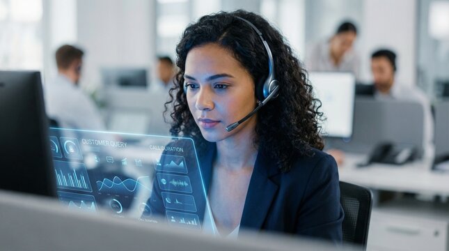 Professional female customer support specialist wearing a headset, monitoring data analytics on screens in a modern office for efficient digital service and problem resolution