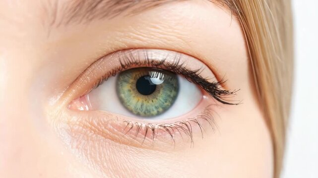 Close-up extreme detail of a healthy human eye with hazel green iris and long lashes