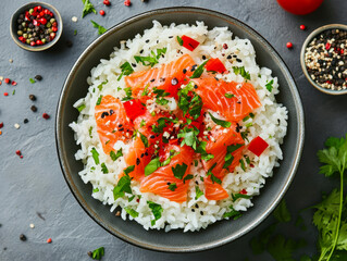 White rice with salmon and avocado