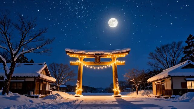 Snowy torii gate under moonlit sky